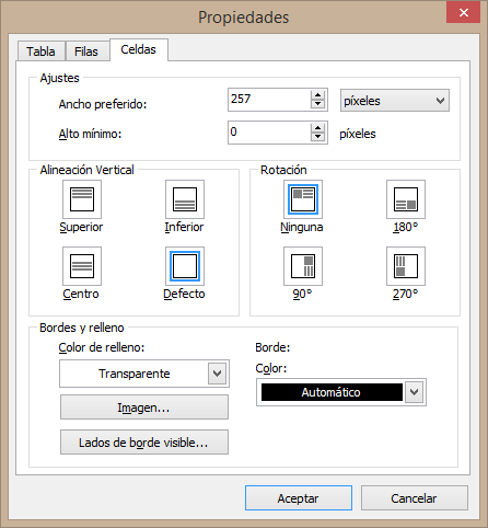 Cuadro de diálogo de propiedades de tabla en RichViewActions